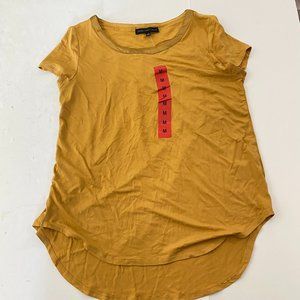 Joan Vass Medium Tunic Top Short Sleeve Yellow Scoop Neck Hi Lo Satin Collar New